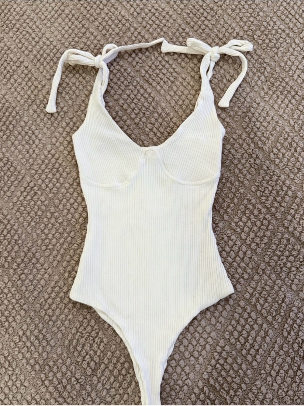 Princess Polly Ribbed Tie-Shoulder One-Piece in Cream